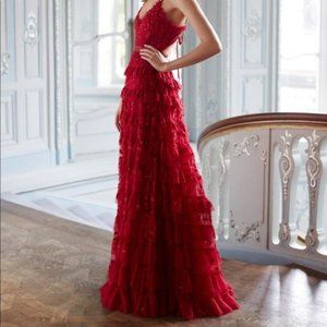 Deep red needle & thread dress maxi shimmer detail